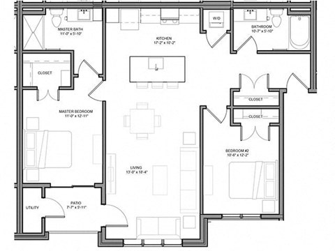 Floor plan for 2 beds, 2 baths, 1107 sqft